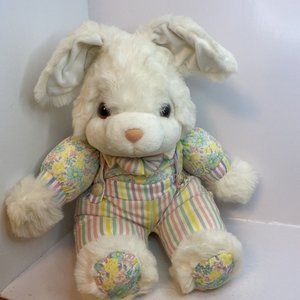 Vintage Plush Easter Bunny Pastel Striped Overalls Cloth Body Bow Tie